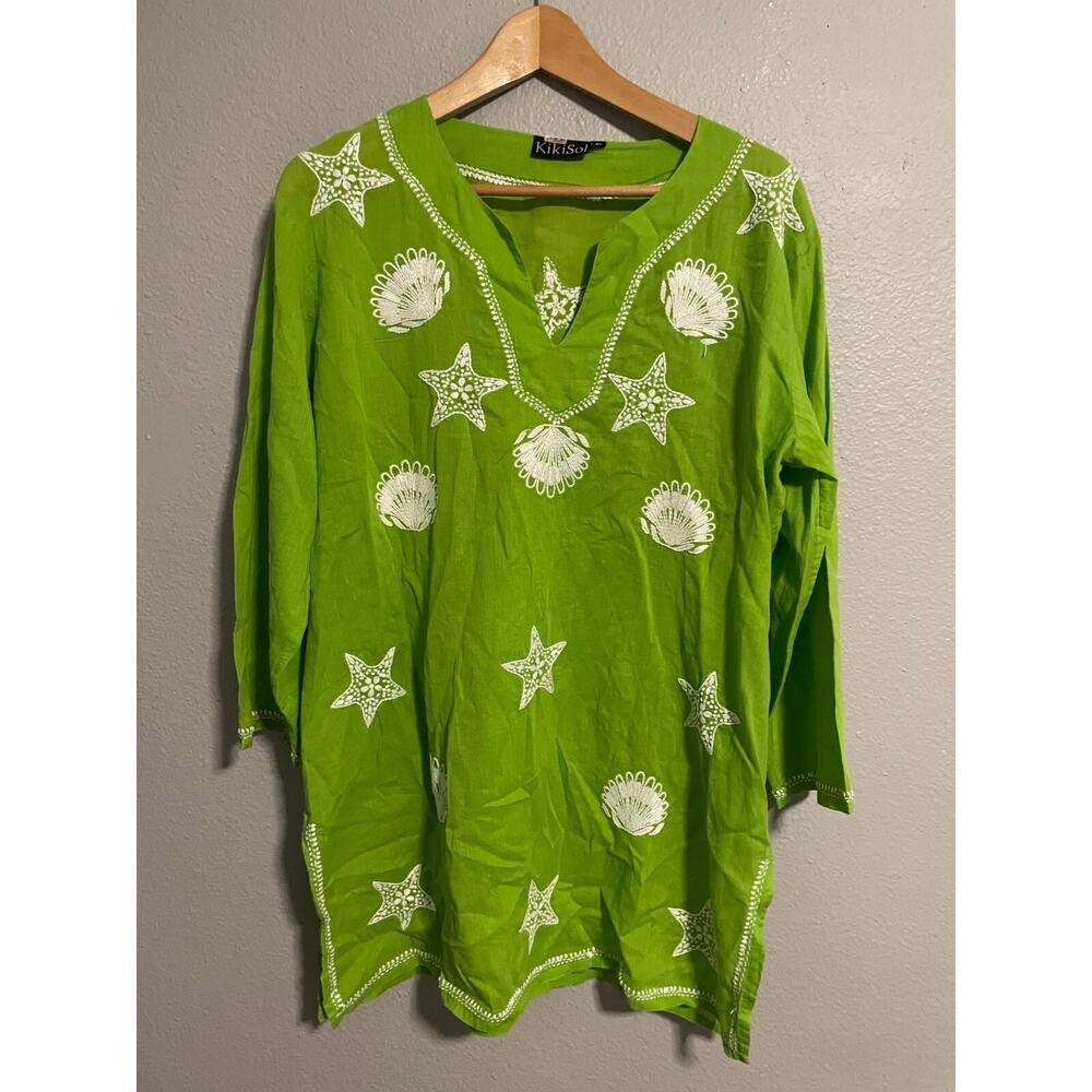Kikisol Womens Tunic XL Green Seashell Starfish Embroidered Coastal Boho READ